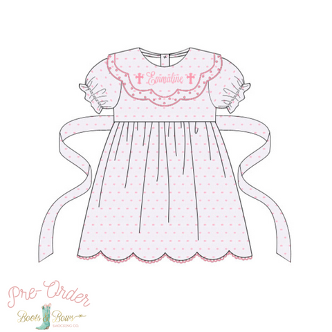 PRE-ORDER: Girls Pink Swiss Dot Custom Cross Dress (ETA 12-15 weeks from order date)