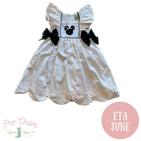 PRE-ORDER: Girls Smocked Magical Mouse Polka dot Dress with Bows (ETA 12-16 weeks from order date)