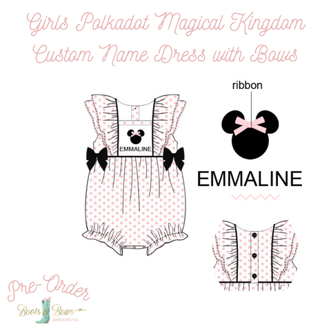 PRE-ORDER: Girls Polkadot Magical Kingdom Custom Name Bubble with Bows (ETA 12-16 weeks from order date)