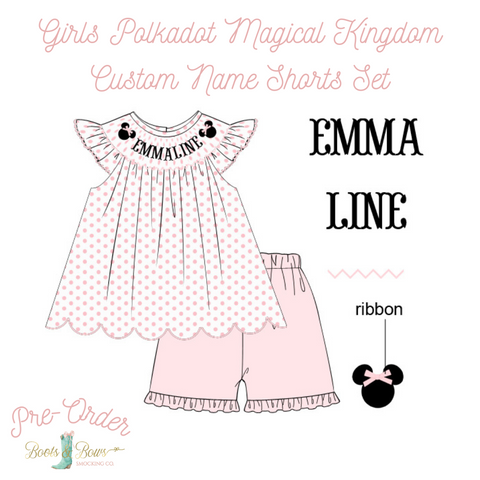 PRE-ORDER: Girls Polka dot Magical Kingdom Custom Name Shorts Set (ETA 12-16 weeks from order date)