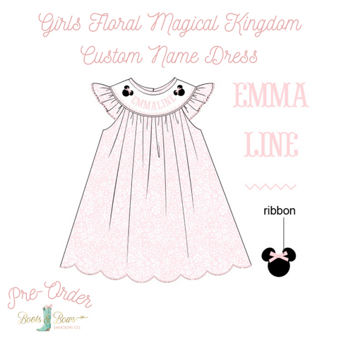 PRE-ORDER: Girls Floral Magical Kingdom Custom Name Dress (ETA 12-16 weeks from order date)