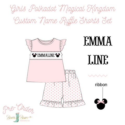PRE-ORDER: Girls Polkadot Magical Kingdom Custom Name Ruffle Shorts Set (ETA 12-16 weeks from order date)