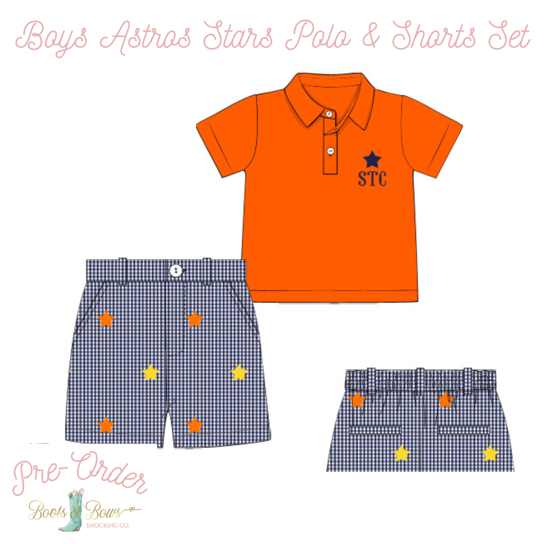PRE-ORDER: Boys Astros Stars Polo & Shorts Set (ETA 8-12 weeks from or –  Boots and Bows Smocking Co.