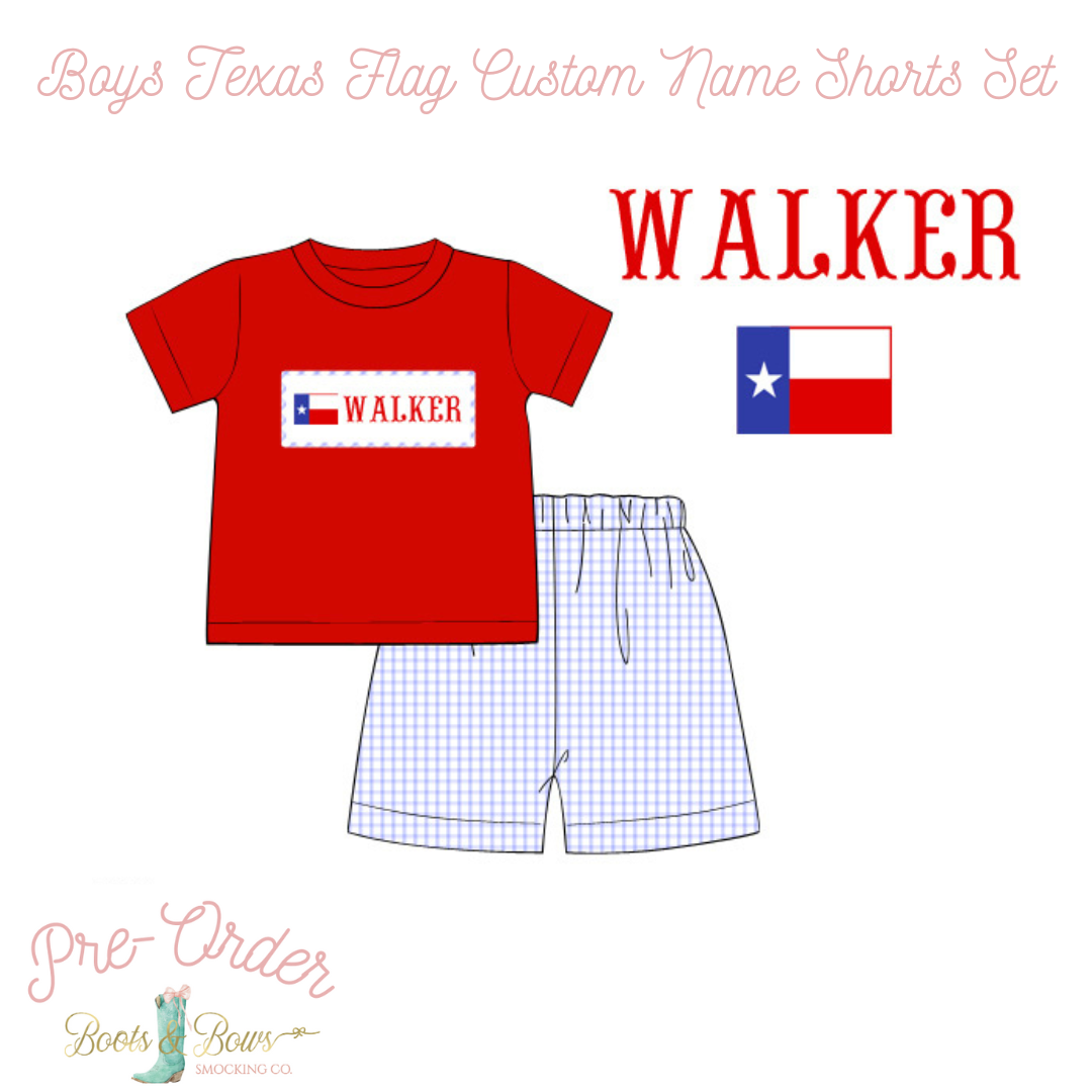 PRE-ORDER: Boys Texas Flag Custom Name Shorts Set (ETA 12-15 weeks from order date)