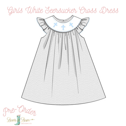 PRE-ORDER: Girls White Seersucker Cross Dress (ETA 12-15 weeks from order date)