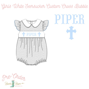 PRE-ORDER: Girls White Seersucker Custom Cross Bubble (ETA 12-15 weeks from order date)