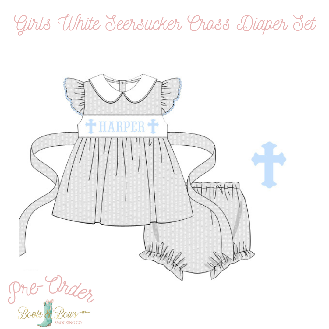 PRE-ORDER: Girls White Seersucker Custom Cross Diaper Set (ETA 12-15 weeks from order date)