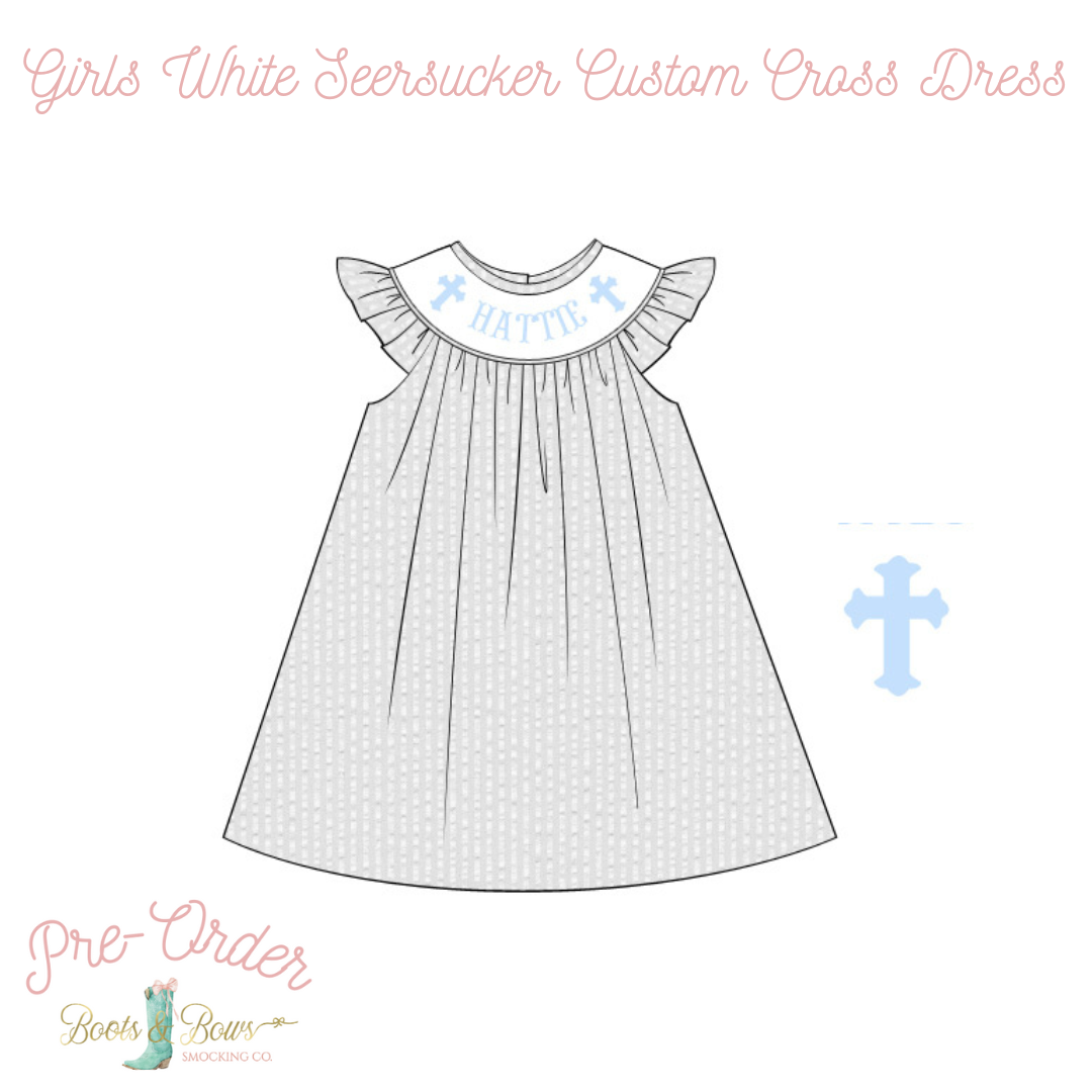 PRE-ORDER: Girls White Seersucker Custom Name Cross Dress (12-15 weeks from order date)