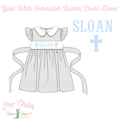 PRE-ORDER: Girls White Seersucker Custom Cross Dress (ETA 12-15 weeks from order date)