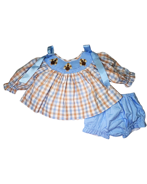 Girls Plaid Turkey Smocked Diaper Set