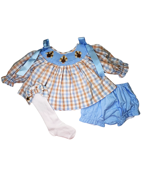 Girls Plaid Turkey Smocked Diaper Set