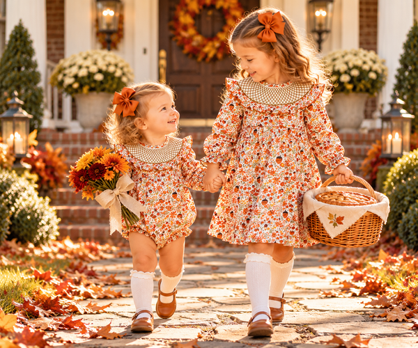 Girls Fall Acorn Floral Smocked Dress