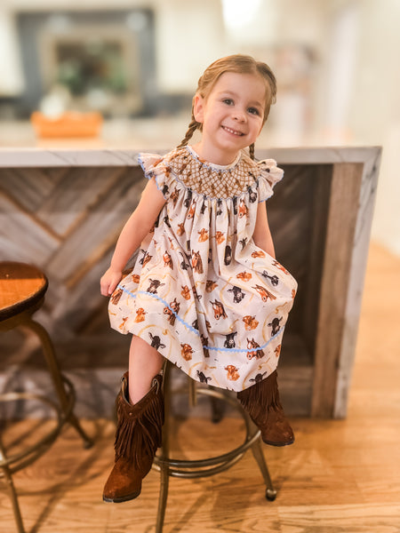 Girls Let's Rodeo Smocked Lattice Dress