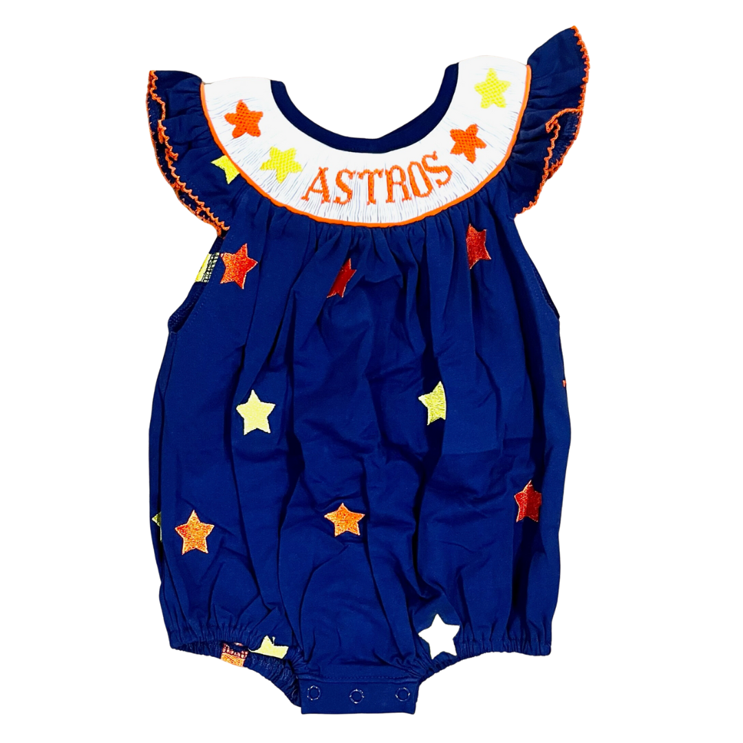 Boots and Bows Smocking Co. Girls Astros Stars Smocked Bubble 6M