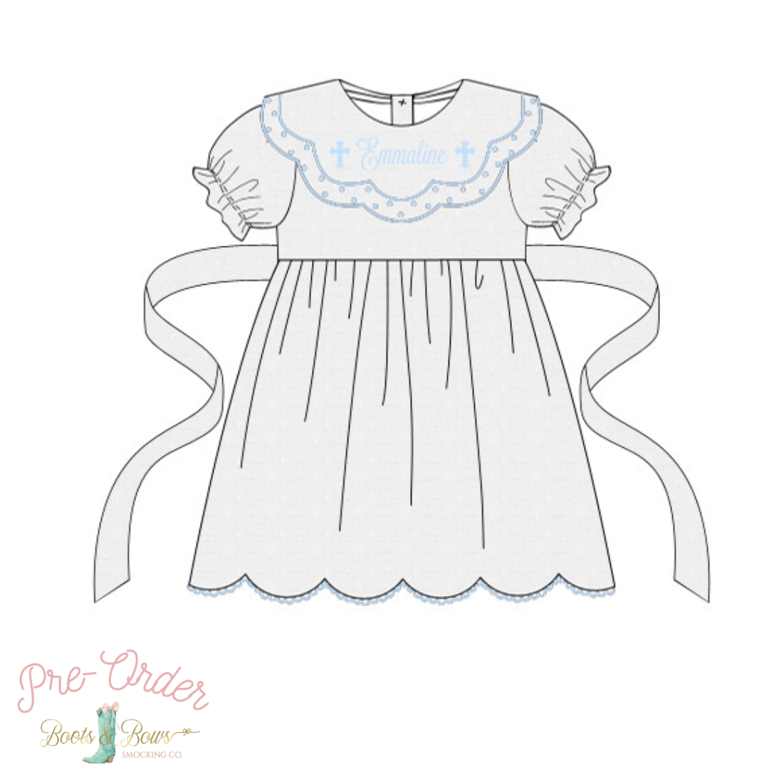 PRE-ORDER: Girls White Swiss Dot Custom Cross Dress (ETA 8-12 weeks from order date)