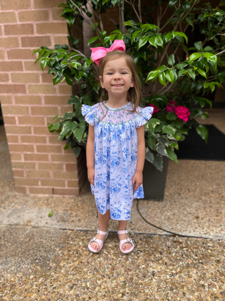 Girls Blue & White Floral Smocked Dress