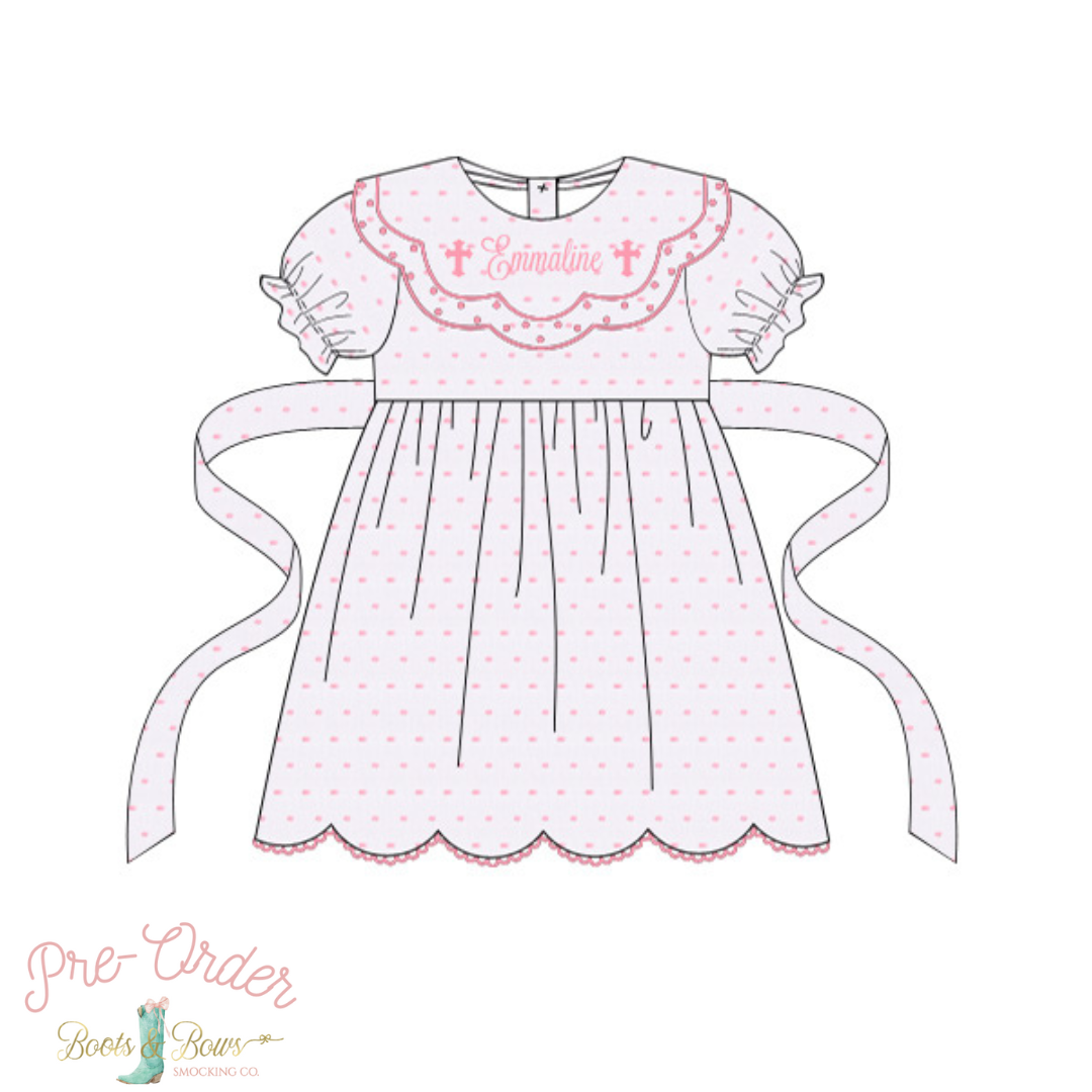 PRE-ORDER: Girls Pink Swiss Dot Custom Cross Dress (ETA 8-12 weeks from order date)