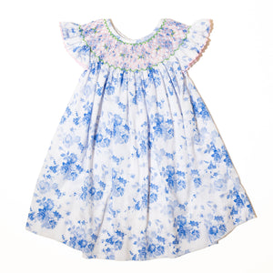 Girls Blue & White Floral Smocked Dress