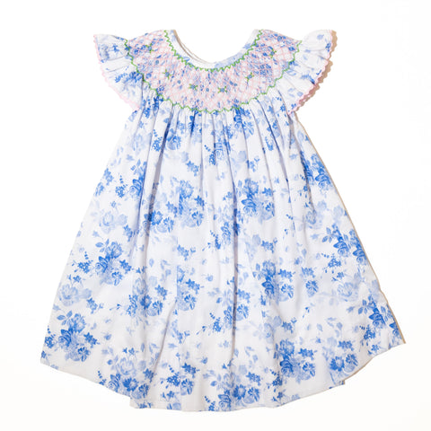 Girls Blue & White Floral Smocked Dress