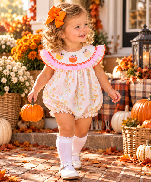 Girls Sweet Pumpkins Smocked Bubble
