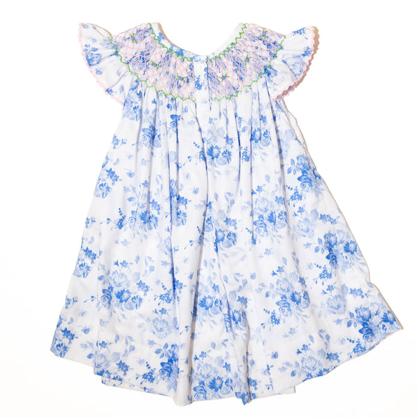 Girls Blue & White Floral Smocked Dress