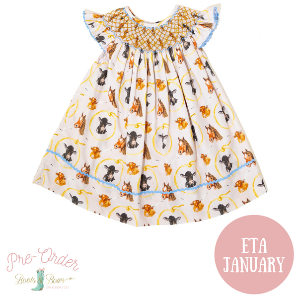 Girls Let's Rodeo Smocked Lattice Dress