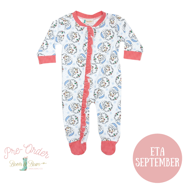 PRE-ORDER: Baby Girl Vintage Blue Santa Footie Ruffle Pajamas (ETA September)