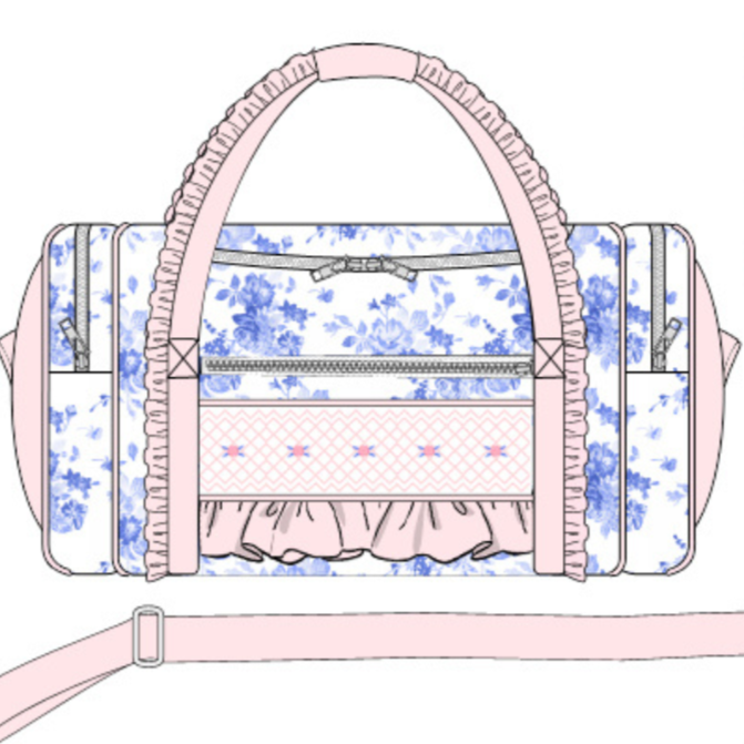 Blue & White Floral Large Duffel Bag