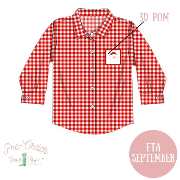 PRE-ORDER: Boys Red Gingham Smocked Santa Button-Up Shirt (ETA September)