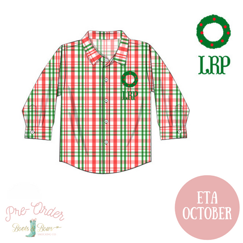 PRE-ORDER: Boys Wreath Plaid Button-Up (ETA OCTOBER)