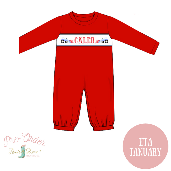 PRE-ORDER: Boys Custom Smocked Love Tractor Romper (ETA January)