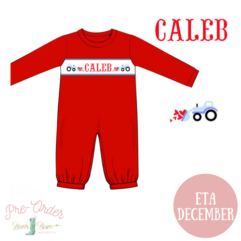 PRE-ORDER: Boys Custom Smocked Love Tractor Romper (ETA January)