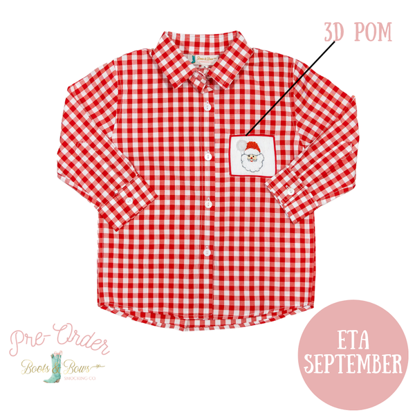 PRE-ORDER: Boys Red Gingham Smocked Santa Button-Up Shirt (ETA September)