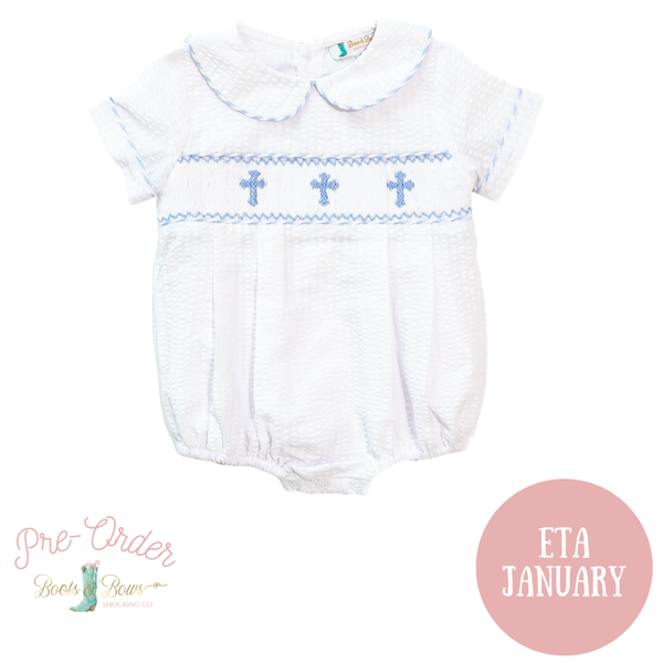 PRE-ORDER: Boys White Seersucker Cross Bubble (ETA January)
