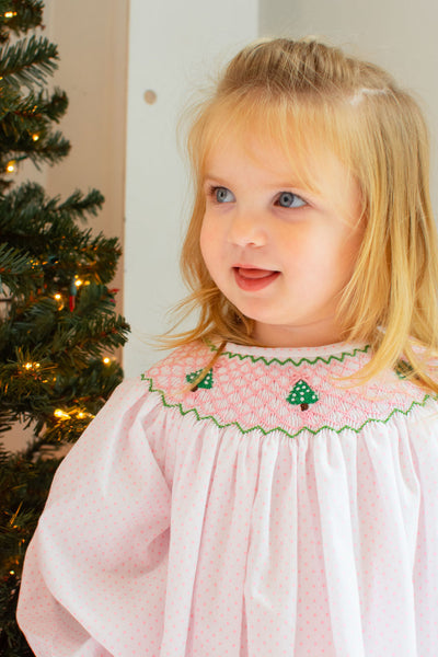 Girls Pink Polka Dot Smocked Christmas Tree Dress