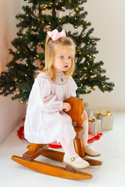 Girls Pink Polka Dot Smocked Christmas Tree Dress