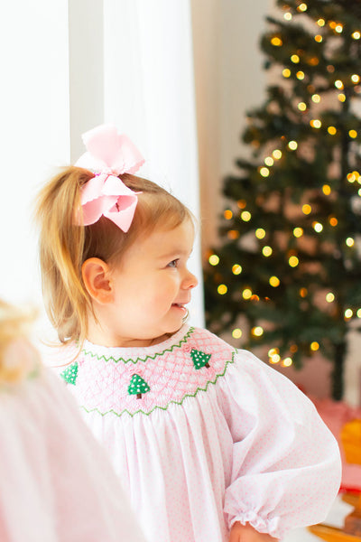 Girls Pink Polka Dot Smocked Christmas Tree Dress