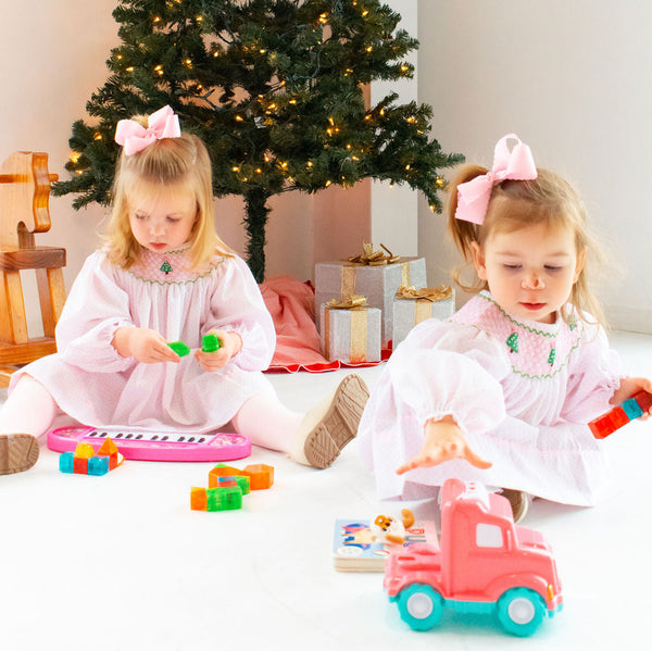 Girls Pink Polka Dot Smocked Christmas Tree Dress