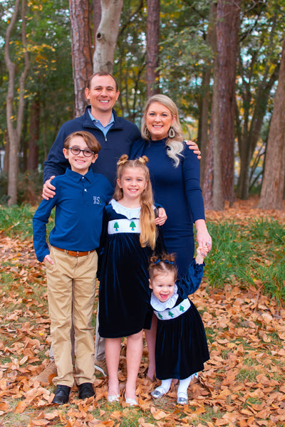 Girls Navy Velvet Smocked Christmas Tree Dress