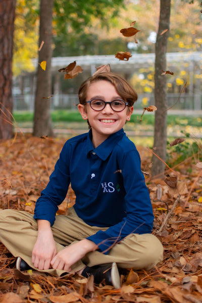 Boys Navy Christmas Tree Long-Sleeved Polo