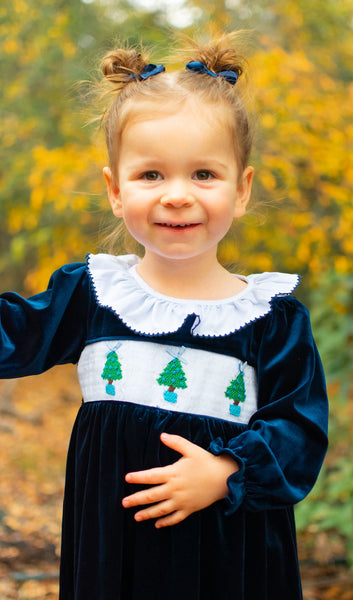 Girls Navy Velvet Smocked Christmas Tree Dress