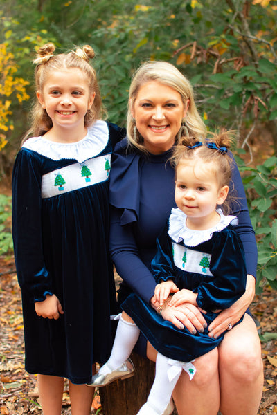 Girls Navy Velvet Smocked Christmas Tree Dress