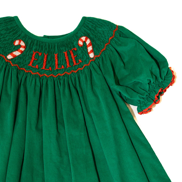 PRE-ORDER: Girls Custom Name Smocked Candy Cane Bubble (ETA September)