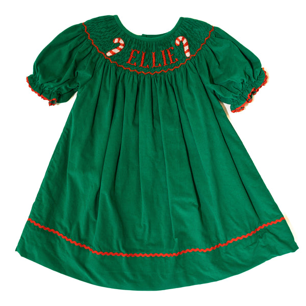 PRE-ORDER: Girls Custom Name Smocked Candy Cane Dress (ETA September)