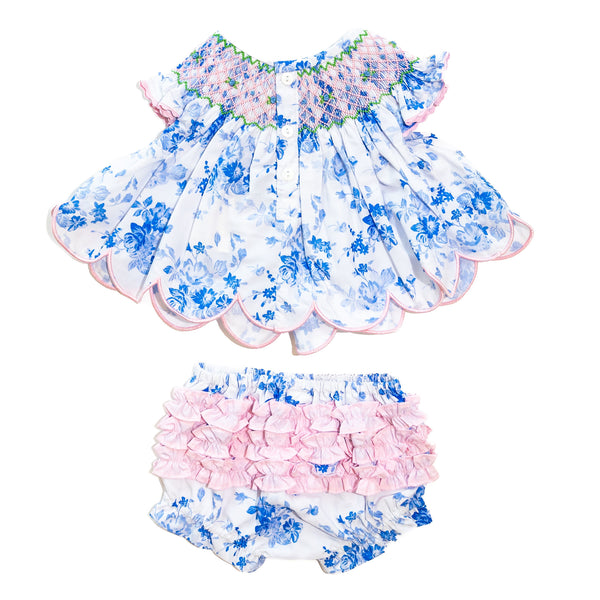 Girls Blue & White Floral Diaper Set