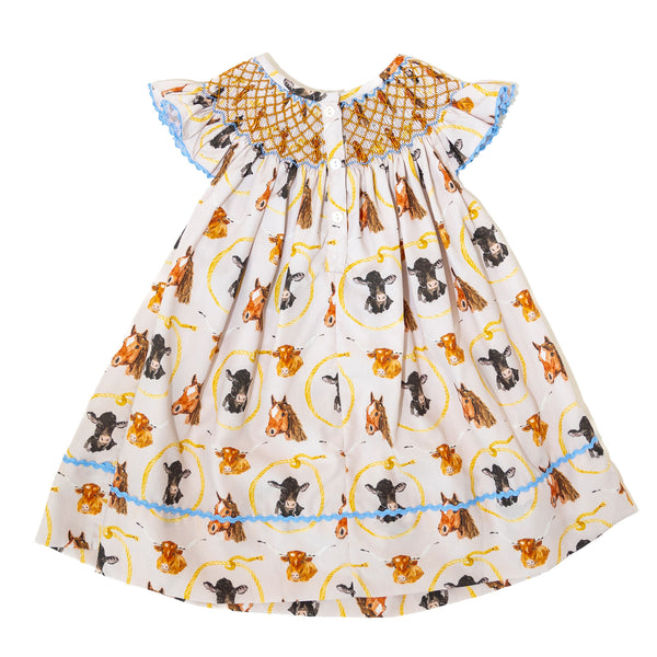 Girls Let's Rodeo Smocked Lattice Dress