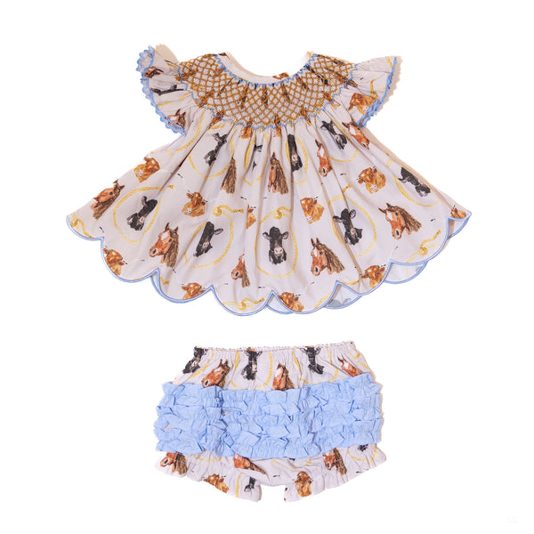 Girls Let's Rodeo Smocked Diaper Set