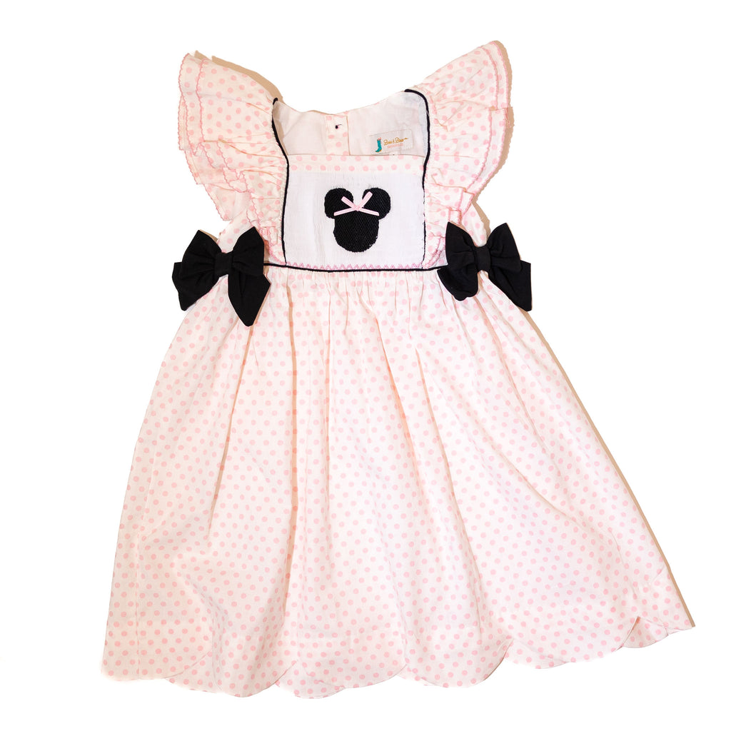 Girls Smocked Magical Mouse Polkadot Dress with Bows 4T