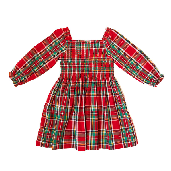 Girls Christmas Plaid Smocked Dress