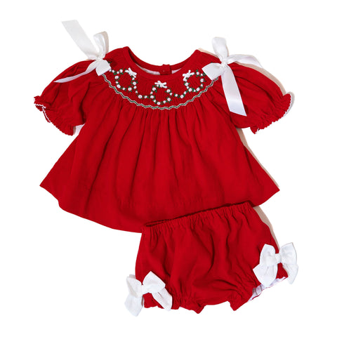 Girls Smocked Wreath Corduroy Diaper Set